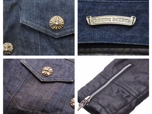 CHROME HEARTS クロムハーツ デニム リネン ジャケット サイズ M ブルー ブラック シルバー 925 クロスボタン 美品 中古 41377