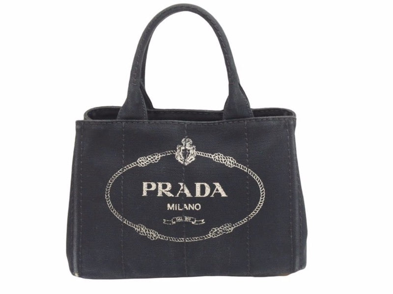 PRADA プラダ ハンドバッグ CANAPA ミニカナパ 三角プレート 1BG439 キャンバス ブラック 金具ゴールド 良品 中古 41492