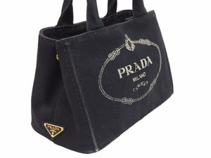 PRADA プラダ ハンドバッグ CANAPA ミニカナパ 三角プレート 1BG439 キャンバス ブラック 金具ゴールド 良品 中古 41492