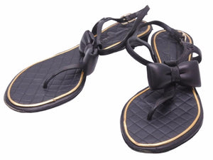 CHANEL シャネル 靴 サンダル ミュール パンプス ブラック ゴールド レザー リボン ココマーク サイズ37 1/2 レディース 中古 41535