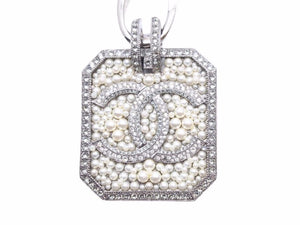 極美品 CHANEL シャネル ネックレス フェイクパール リボン ラインストーン ココマーク シルバー ピンク 小物 A17S 中古 41560