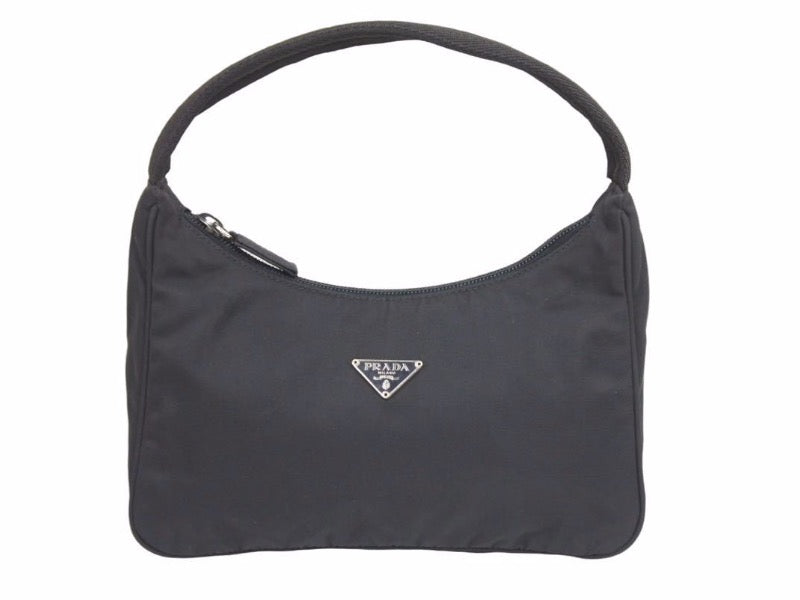 PRADA プラダ MV515 ホーボー ハンドバッグ ミニバッグ 三角ロゴ金具 プレート ナイロン ブラック レディース 美品 中古 41677