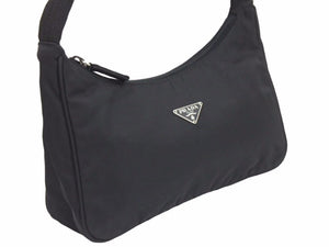 PRADA プラダ MV515 ホーボー ハンドバッグ ミニバッグ 三角ロゴ金具 プレート ナイロン ブラック レディース 美品 中古 41677
