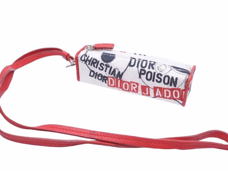 Christian Dior クリスチャンディオール JDORE ミニポーチ ショルダーストラップ レッド ホワイト コットン レザー 良品 中古 41795