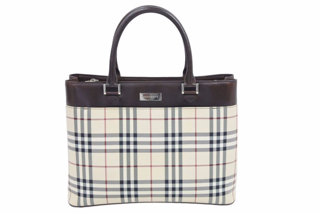 Burberry バーバリー ハンドバッグ ノバチェック柄 キャンバス レザー ベージュ ダークブラウン 美品 中古 41917
