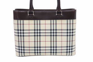 Burberry バーバリー ハンドバッグ ノバチェック柄 キャンバス レザー ベージュ ダークブラウン 美品 中古 41917