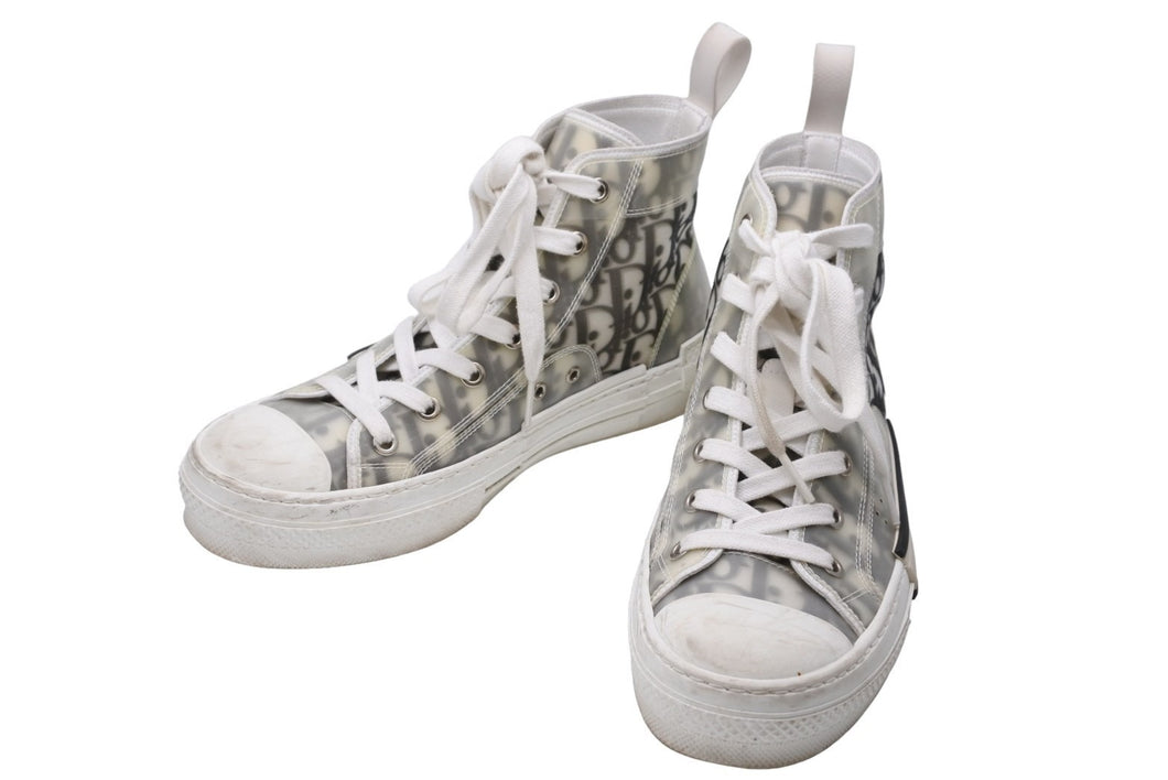 DIOR ディオール オブリーク総柄ハイカットスニーカー イタリア製 ホワイト カーキ シルバー金具 サイズ23.5 良品 中古 42030