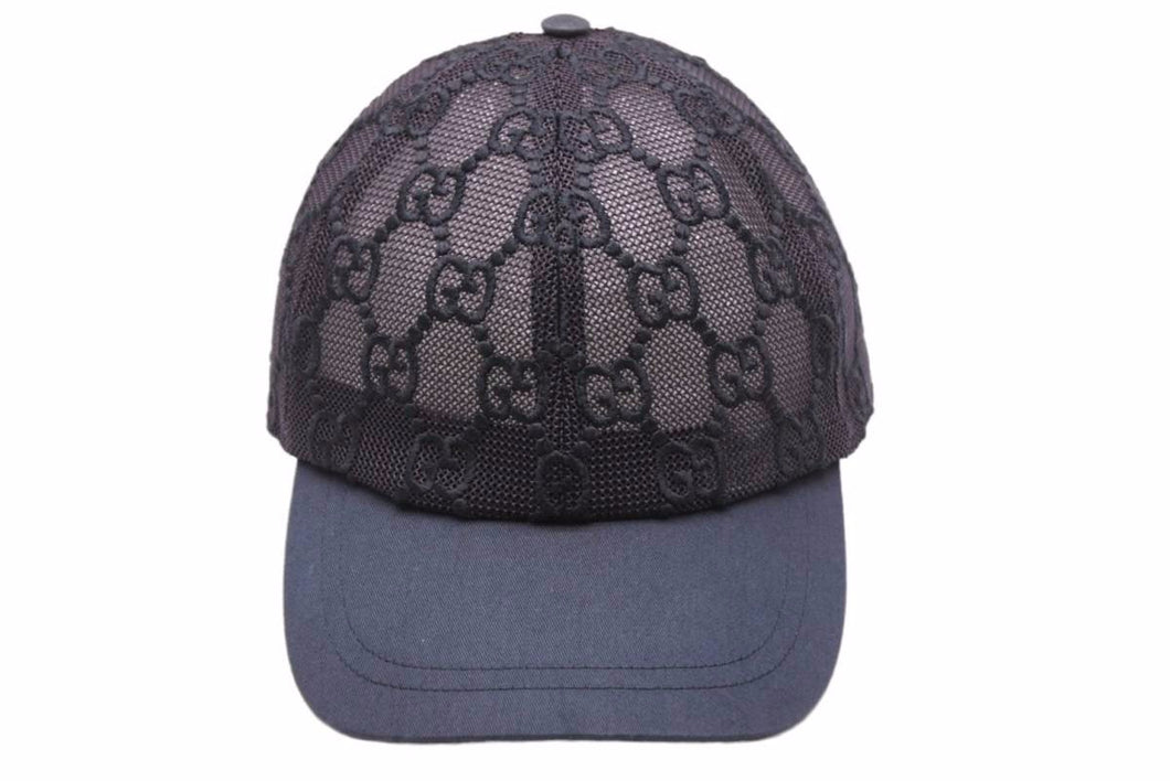 GUCCI グッチ エンブロイダリーベースボールハット ブラック GGネット コットンドリル ポリアミド 美品 中古 42037