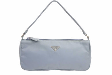 PRADA プラダ ナイロンポーチ ミニ ハンドバッグ 三角ロゴプレート コットン ライトブルー 水色 レディース 美品 中古 42146