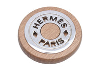 画像をギャラリービューアに読み込む, HERMES エルメス セリエ ウッド ロゴ イヤリング ラウンド型 ピアス アクセサリー 木製 ブラウン シルバーカラー 美品 中古 42476