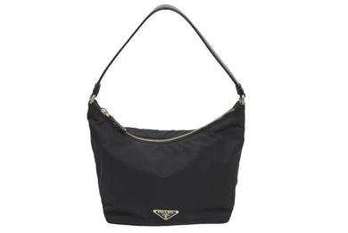 PRADA プラダ ワンショルダーバッグ ブラック 肩掛け 三角ロゴプレート ナイロン レザー シルバー金具 中古 42710