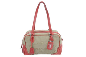 PRADA プラダ ロゴジャガード ハンドバッグ アクセサリー キャンバス ブラウン レッド 赤 茶色 中古 42919