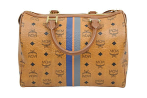 MCM エムシーエム ハンドバッグ ミニボストンバッグ ストライププリント PVC レザー ブラウン ブルー グレー 良品 中古 42923