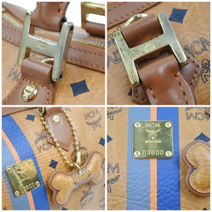 MCM エムシーエム ハンドバッグ ミニボストンバッグ ストライププリント PVC レザー ブラウン ブルー グレー 良品 中古 42923