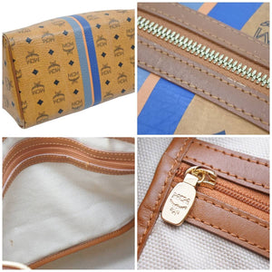MCM エムシーエム ハンドバッグ ミニボストンバッグ ストライププリント PVC レザー ブラウン ブルー グレー 良品 中古 42923