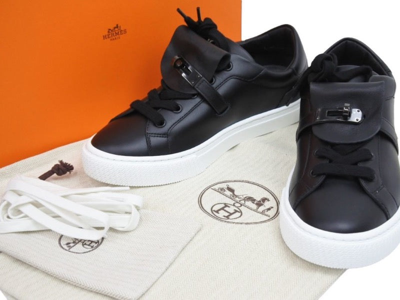 未使用品 HERMES エルメス デイ シューズ スニーカー ソーブラック レザー ケリー金具 36 1/2 中古 43189