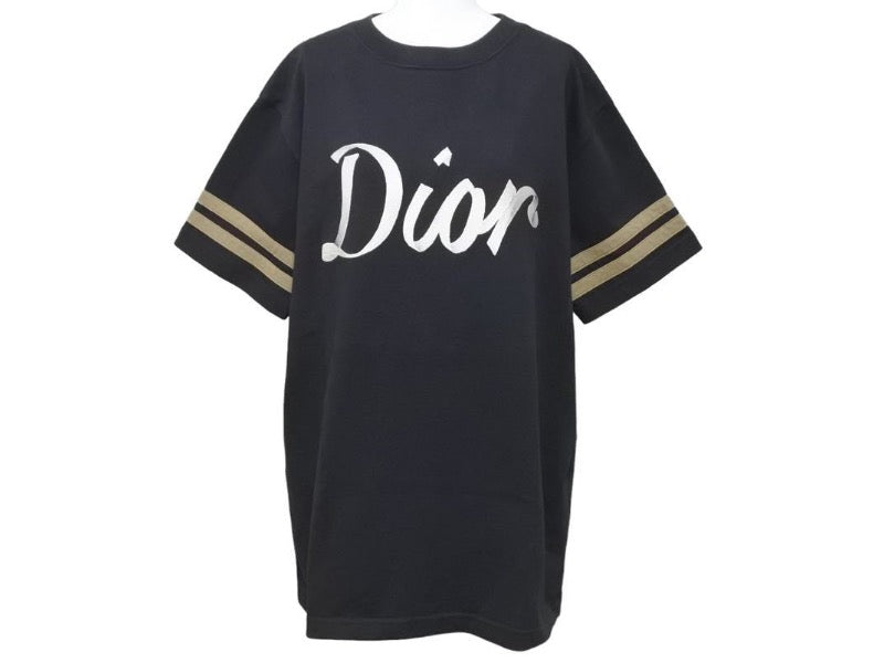 極美品 DIOR ディオール Tシャツ リラックスフィット コンパクトジャージー ストライプ ロゴ 47 コットン ブラック XS 中古 43214