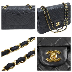 極美品 CHANEL マトラッセWフラップチェーンショルダー 5番台 25 ショルダーバッグ ブラック×ゴールド ラムスキン 中古 43248
