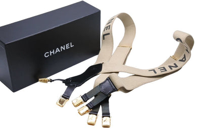 CHANEL シャネル サスペンダー ロゴマーク ヴィンテージ ゴム レザー ベージュ ゴールド 美品 中古 43250