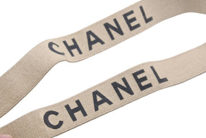 CHANEL シャネル サスペンダー ロゴマーク ヴィンテージ ゴム レザー ベージュ ゴールド 美品 中古 43250