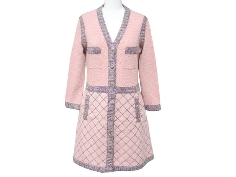 CHANEL シャネル カーディガン トリミングワンピース P52761K06813 シルク カシミヤ モヘア ピンク サイズ36 美品 中古 43296