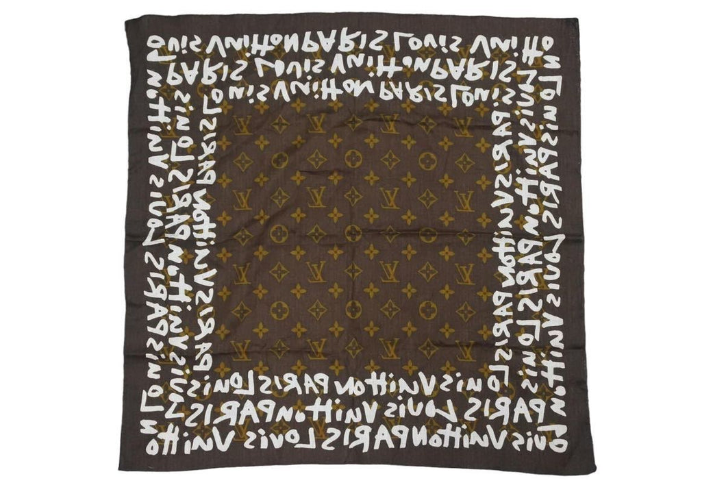 Louis Vuitton ルイヴィトン monogram graffiti scarf モノグラム グラフィティ スカーフ コットン ブラウン 美品 中古 43391