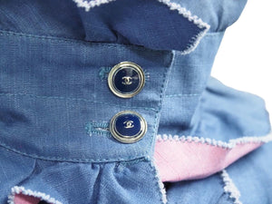 CHANEL シャネル ノースリーブ シャツ トップス ココマークボタン P30031V20257 コットン ブルー ピンク サイズ34 美品 中古 43397