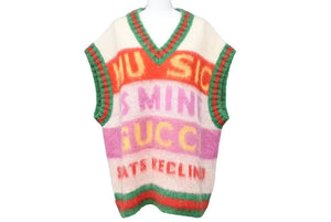 極美品 GUCCI グッチ 100周年 モヘア ベスト ニット 袖なし ロゴ Vネック トップス MUSICISMINE モヘヤ ナイロン ウール 中古 43403