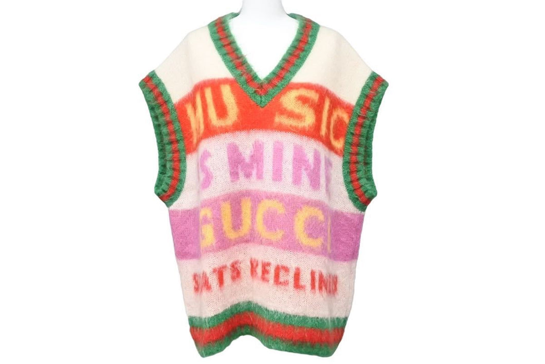極美品 GUCCI グッチ 100周年 モヘア ベスト ニット 袖なし ロゴ Vネック トップス MUSICISMINE モヘヤ ナイロン ウール 中古 43403
