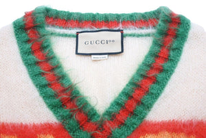 極美品 GUCCI グッチ 100周年 モヘア ベスト ニット 袖なし ロゴ Vネック トップス MUSICISMINE モヘヤ ナイロン ウール 中古 43403