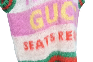 極美品 GUCCI グッチ 100周年 モヘア ベスト ニット 袖なし ロゴ Vネック トップス MUSICISMINE モヘヤ ナイロン ウール 中古 43403