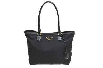 PRADA プラダ ナイロン トートバッグ ブラック ロゴ プレート ゴールド金具 カバン 鞄 肩掛け レザー 美品 中古 43490