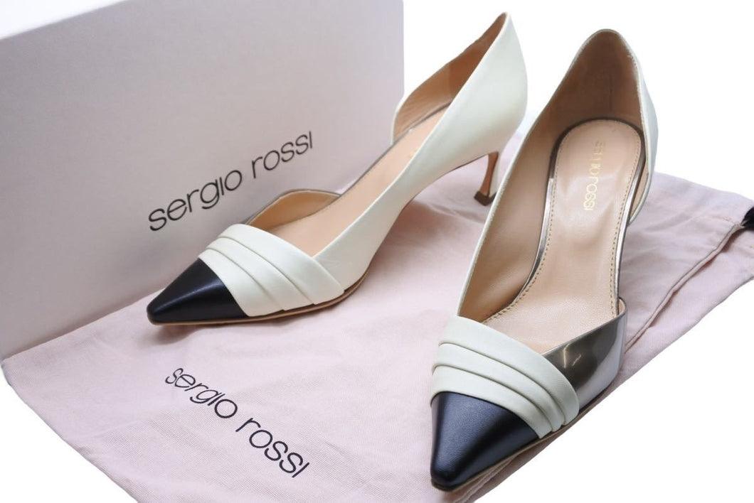Sergio Rossi セルジオロッシ パンプス ヒール トゥ 切替 ブラック ベージュ ブロンズ 36 箱付 良好 中古 43501