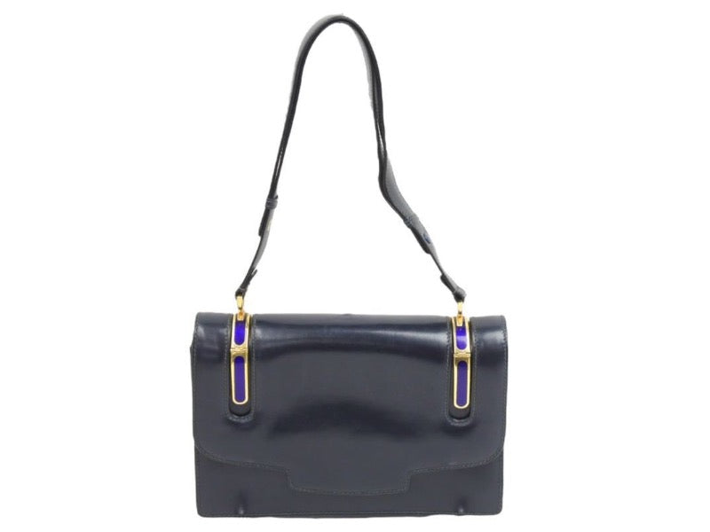 Gucci グッチ オールド ヴィンテージ ワンショルダーバッグ ネイビー ゴールド金具 カーフレザー イタリア製 中古 43692