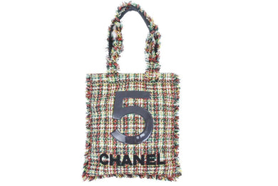 CHANEL シャネル No5 トショッピング ートバッグ 肩掛けバッグ 23番台 ツイード レザー マルチカラー シルバー金具 美品 中古 43844