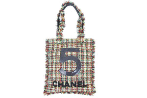 CHANEL シャネル No5 トショッピング ートバッグ 肩掛けバッグ 23番台 ツイード レザー マルチカラー シルバー金具 美品 中古 43844
