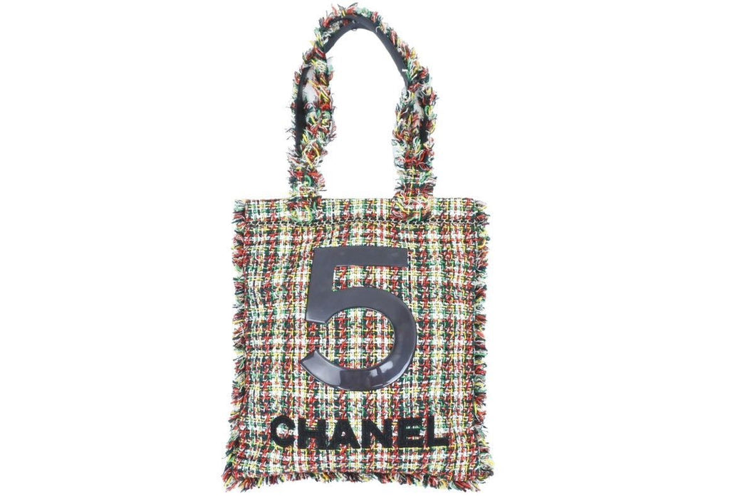 CHANEL シャネル No5 トショッピング ートバッグ 肩掛けバッグ 23番台 ツイード レザー マルチカラー シルバー金具 美品 中古 43844