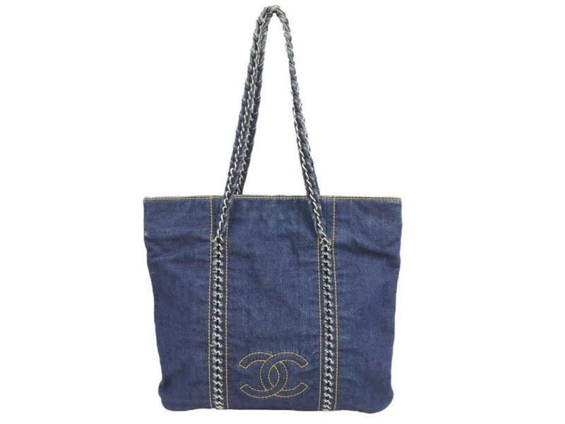 CHANEL シャネル デニム ココマーク トートバック スモール 10番台 ブルー ネイビー シルバー金具 カード付き 美品 中古 43862