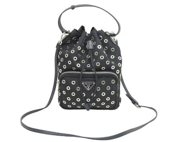 PRADA プラダ パンチング 2WAY巾着バッグ ショルダーバッグ ナイロン サフィアーノレザー ブラック シルバー金具 美品 中古 43865