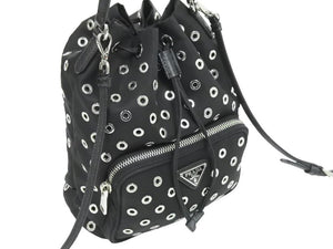 PRADA プラダ パンチング 2WAY巾着バッグ ショルダーバッグ ナイロン サフィアーノレザー ブラック シルバー金具 美品 中古 43865