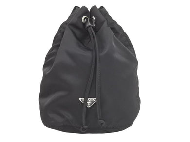 PRADA プラダ 巾着バッグ 化粧ポーチ トライアングルロゴ MV369 ナイロン レザー シルバー金具 ブラック 美品 中古 43886