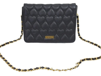 MOSCHINO モスキーノ ハートキルティングレザーチェーンショルダーバッグ ヴィンテージ レザー ブラック ゴールド 美品 中古 43893