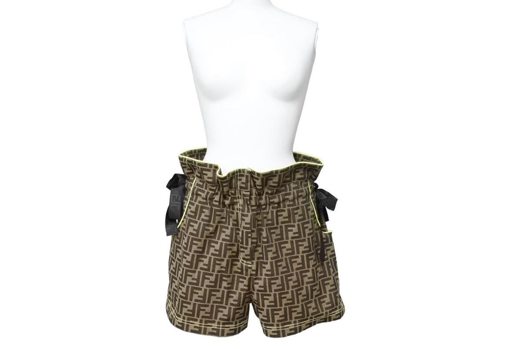 FENDI フェンディ ショートパンツ ズッカ柄 2019 FR6195 ポリエステル コットン ブラウン ネオンイエロー サイズ40 美品 中古 44004