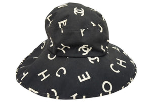 CHANEL シャネル ヴィンテージ 総柄 ロゴ ハット ブラック 黒 ココマーク 帽子 飛びロゴ サイズ57 中古 44034