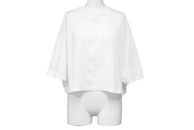 PRADA プラダ ショートスリーブクロップドTシャツ ダメージ加工 三角ロゴプレート 21AW ホワイト コットン サイズL 美品 中古 44037