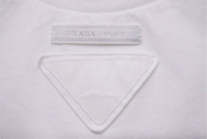 PRADA プラダ ショートスリーブクロップドTシャツ ダメージ加工 三角ロゴプレート 21AW ホワイト コットン サイズL 美品 中古 44037