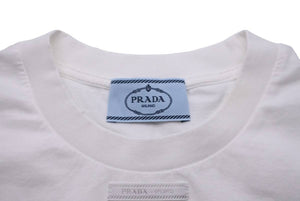 PRADA プラダ ショートスリーブクロップドTシャツ ダメージ加工 三角ロゴプレート 21AW ホワイト コットン サイズL 美品 中古 44037