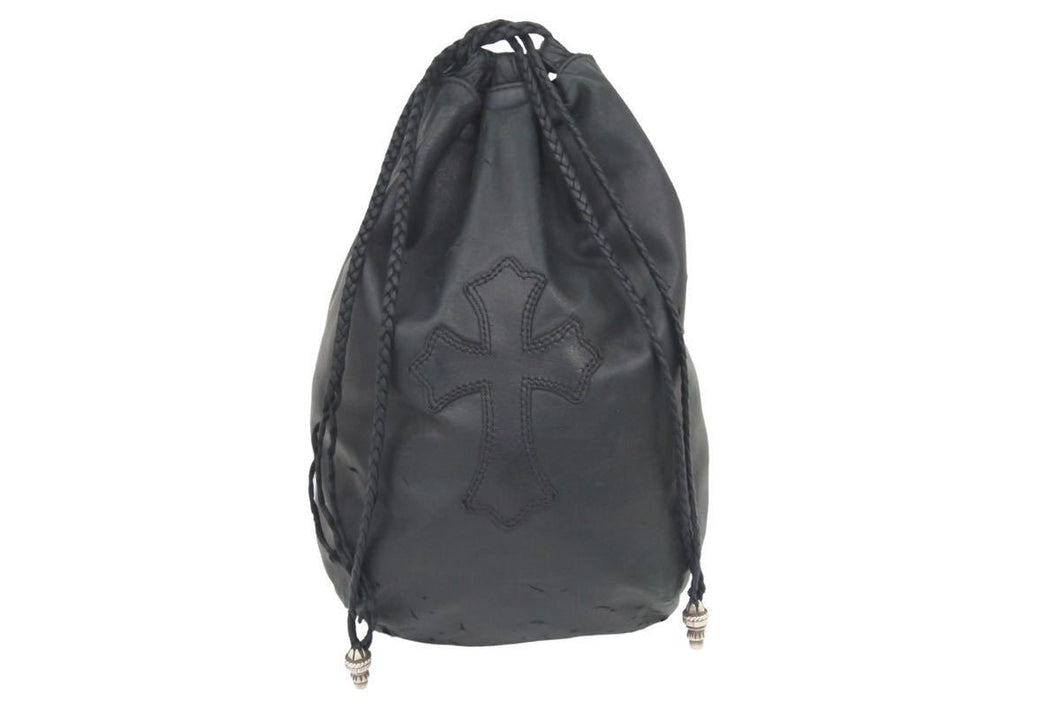 完売品 クロムハーツ クロスパッチ ドローストリングス バッグ 巾着 シルバー SV925 黒 中古 44188