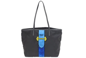 PRADA プラダ トートバッグ カイエトロンプルイユ ベルトモチーフ ナイロン ベロア 1BG065 ブラック ブルー 美品 中古 44269