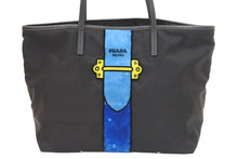 Load image into Gallery viewer, PRADA プラダ トートバッグ カイエトロンプルイユ ベルトモチーフ ナイロン ベロア 1BG065 ブラック ブルー 美品 中古 44269
